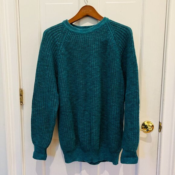 LL BEAN Sweater Heavy Cable Knit Jumper Pullover Cotton Green USA VTG Size L - Picture 2 of 16